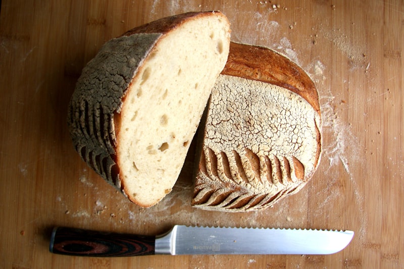 Round sourdough loaf cut in half